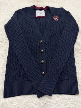 Abercrombie & Fitch Navy Cable-Knit Button Cardigan with Crest Patch